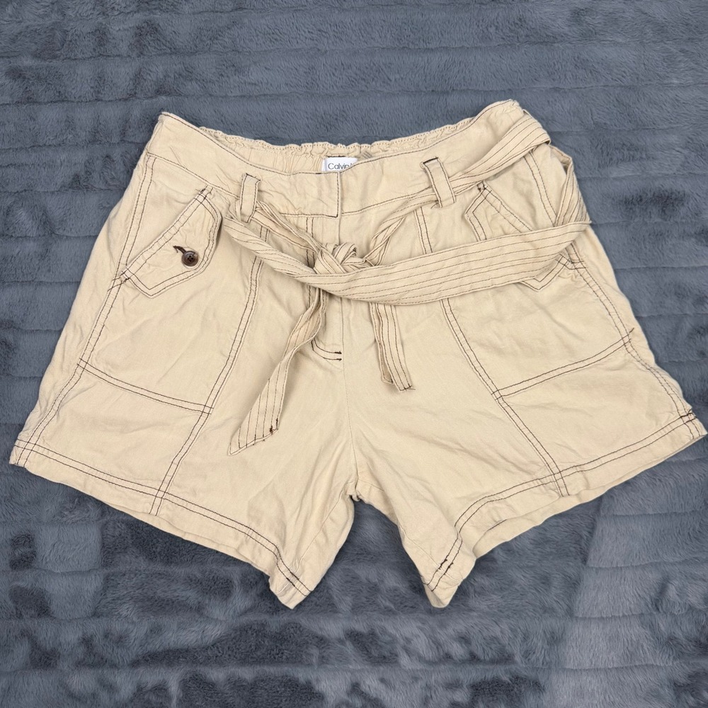 Calvin Klein Womens Beige Linen Blend Tie Waist Utility Shorts ZC2D5232 Size S